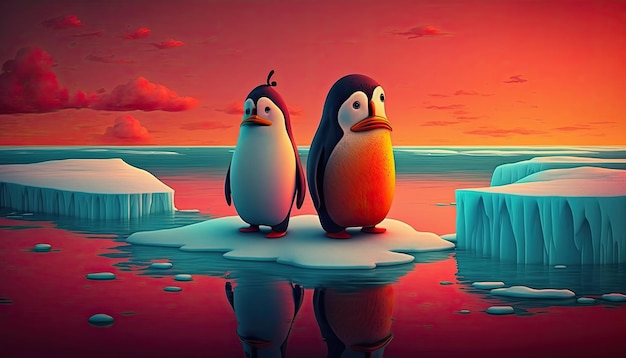 Dos pingüinos tristes y confundidos se paran sobre hielo derritiéndose en el concepto de calentamiento global del Océano Ártico