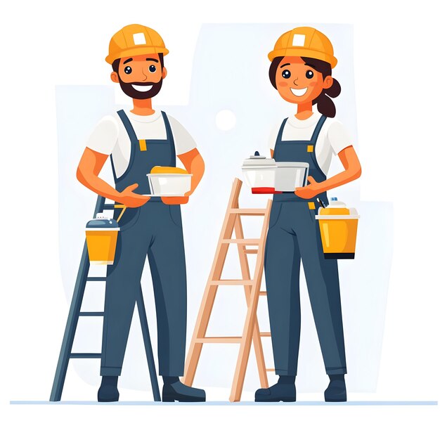 Dos pintores con escaleras y latas de pintura concepto como dos pintores que sostienen escaleras y lata de pintura conjunto