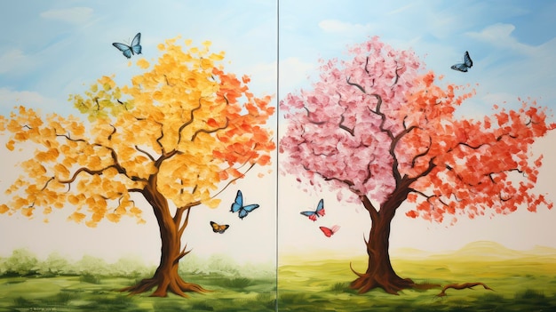 Dos pinturas de árboles con mariposas