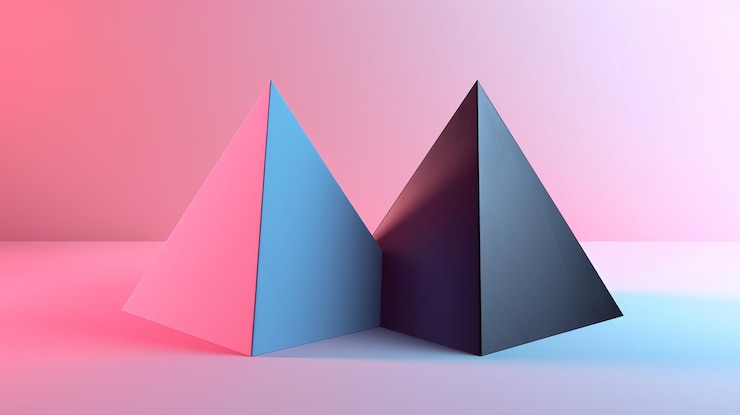 Foto dos pirámides una azul y una negra sobre un fondo rosa y azul