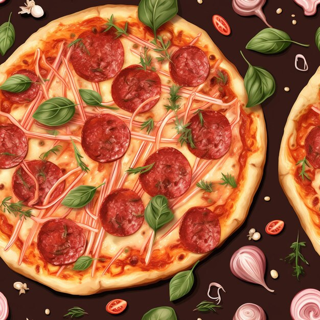 Foto dos pizzas de pepperoni con albahaca y cebollas en una mesa generativa ai