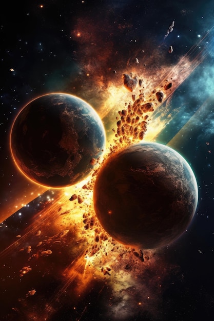 Dos planetas masivos chocando en el espacio provocando una explosión masiva Ai generativo
