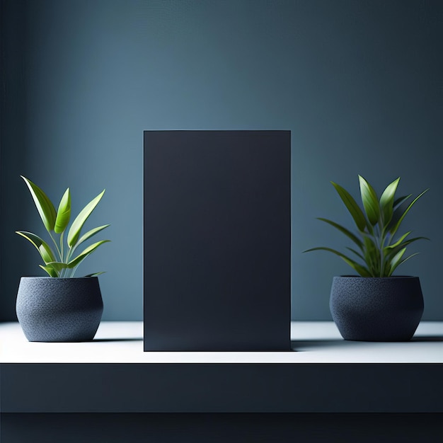 Dos plantas están sobre una mesa frente a una pared azul oscuro.