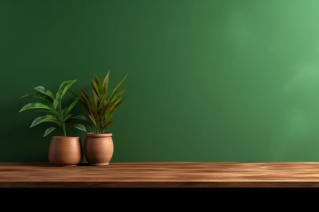 Foto dos plantas en maceta en una mesa de madera con un fondo verde
