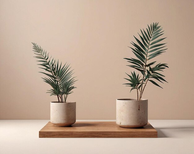 dos plantas en maceta en un soporte de madera