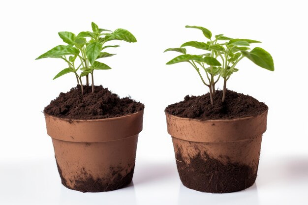 Dos plantas en macetas cubiertas de tierra en una superficie blanca o clara PNG Fondo transparente