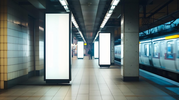 Dos plantillas de tiendas de centro comercial de luz de la ciudad al aire libre en blanco en un subwa AI generativa
