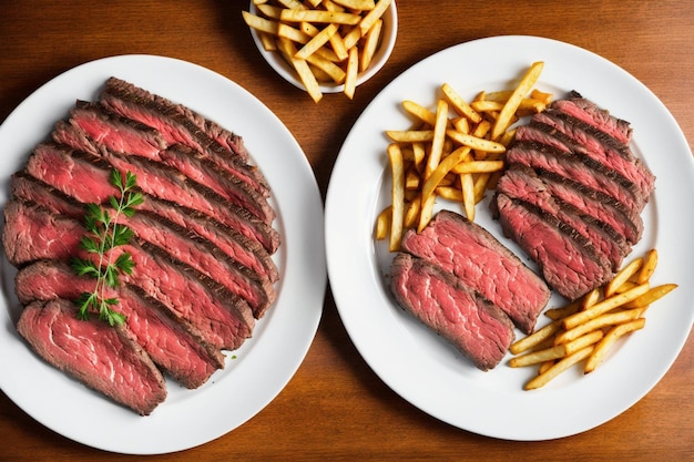 Dos platos de bistec con un plato de papas fritas al lado.