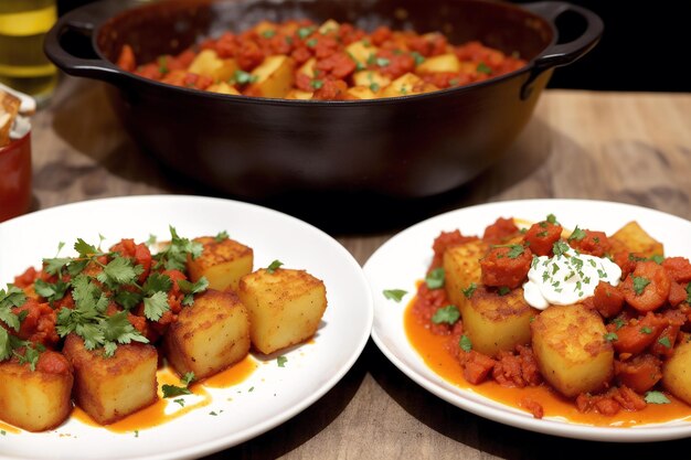 Dos platos de comida con una olla al fondo.