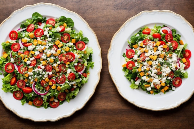 Dos platos de ensalada en una mesa con uno que dice "aguacate".