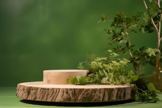 Dos podios circulares de madera en un fondo verde tropical para una presentación de productos