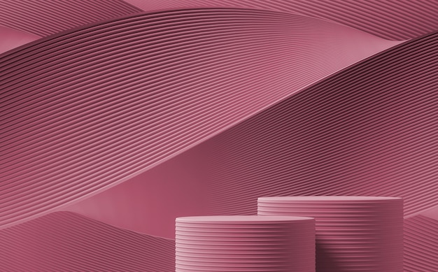 Dos podios sobre degradado abstracto y líneas de onda fondo rosa pacífico para la presentación del producto
