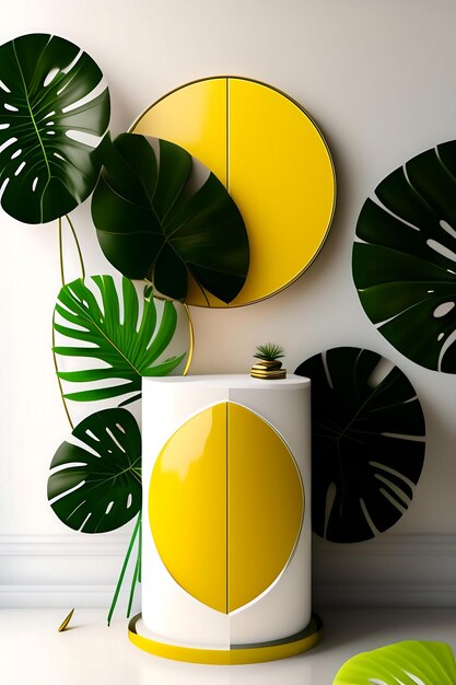 Dos podios vacíos de productos de mármol redondo blanco con diferente nivel en fondo amarillo t verde fresco