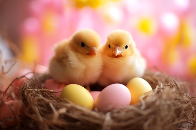 Dos pollitos amarillos en el nido con huevos de Pascua Tarjeta de felicitación de Pascua