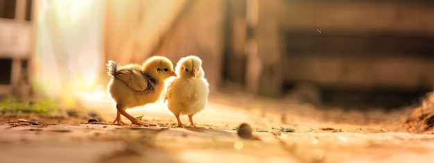 Dos pollitos amigos en una granja tradicional de aves de corral Agricultura ecológica