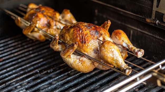 Dos pollos asados en un primer plano de una parrilla de asado