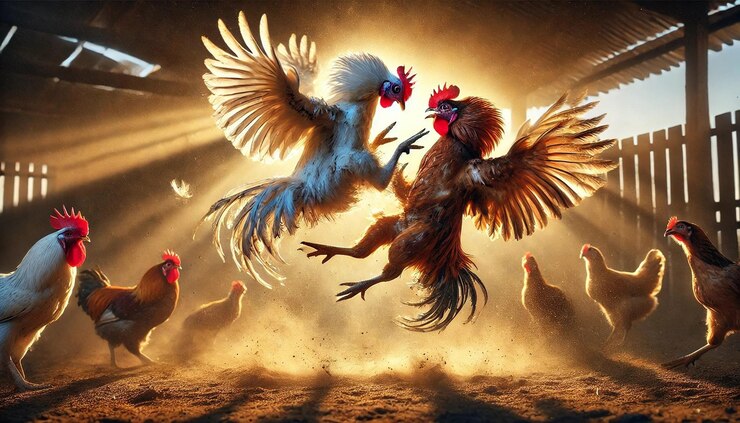 Dos pollos en una batalla épica en un corral polvoriento enfrentamiento al atardecer