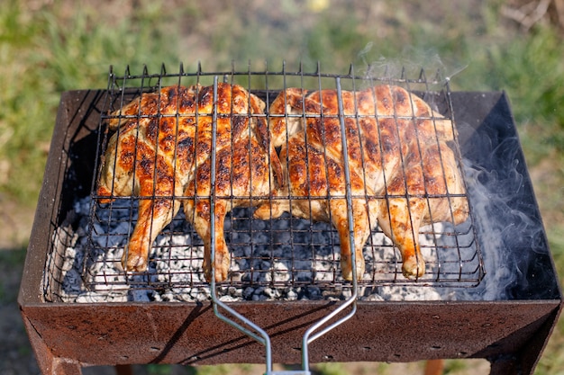 Dos pollos a la parrilla en un brasero de barbacoa de carbón