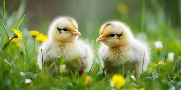 Dos pollos sobre un césped verde con flores amarillas