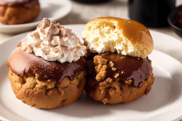 Dos postres con nata montada y topping de caramelo.