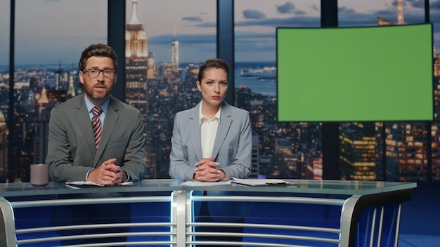Foto dos presentadores transmitiendo noticias en un primer plano de un canal de televisión