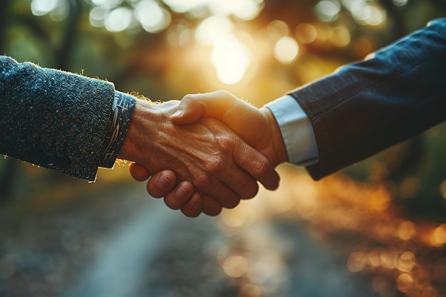 Dos profesionales estrechando la mano al aire libre simbolizando el acuerdo y la confianza