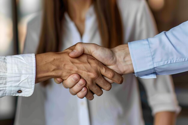 Foto dos profesionales estrechando la mano sellando un acuerdo con un apretón de mano firme