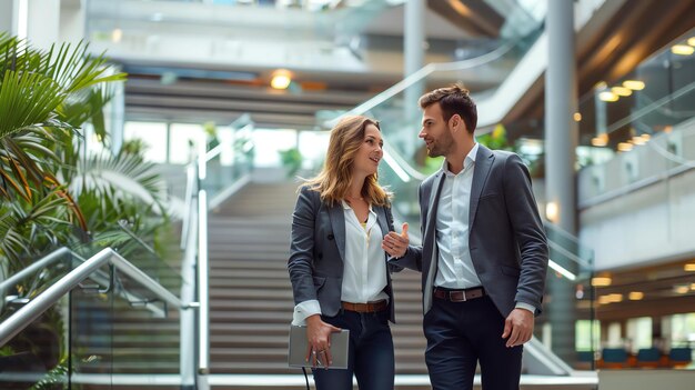 Dos profesionales de negocios un hombre y una mujer están caminando y hablando en un edificio de oficinas moderno