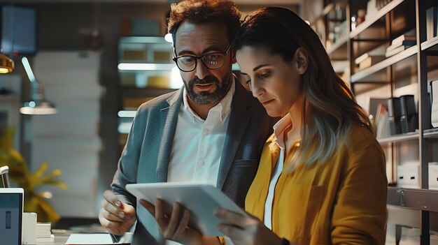 Dos profesionales de negocios un hombre y una mujer están mirando una tableta juntos