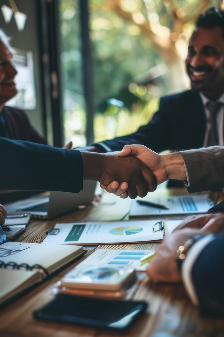 Dos profesionales de negocios saludando felices las manos durante una reunión en un moderno y soleado despacho