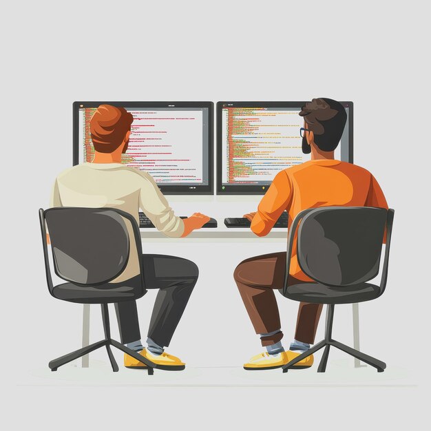 Dos programadores colaborando en escritorios en espacio de trabajo creativo Código en pantallas Ambiente de oficina moderno Trabajo en equipo en desarrollo de software tecnológico