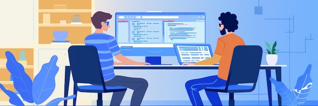 Dos programadores están trabajando juntos en un proyecto de software que muestra la colaboración de trabajo en equipo