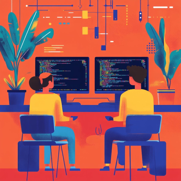 Foto dos programadores trabajando juntos en código mirando en direcciones opuestas