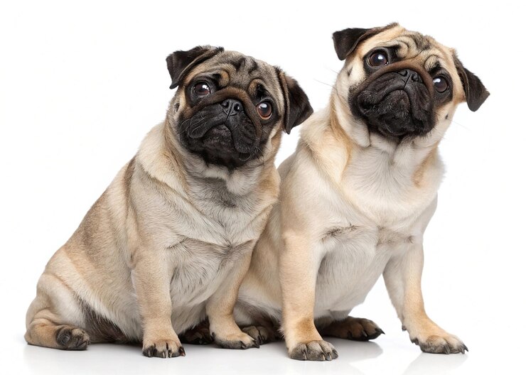 Dos pugs adorables mirando a la cámara