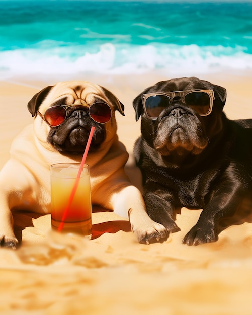 Foto dos pugs enfriando en la playa ai generado