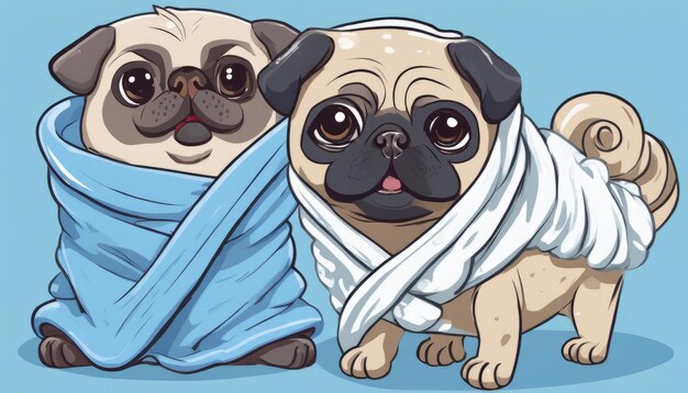 Dos pugs están envueltos en mantas