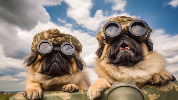 Dos pugs con sombreros militares y mirando desde un vehículo militar