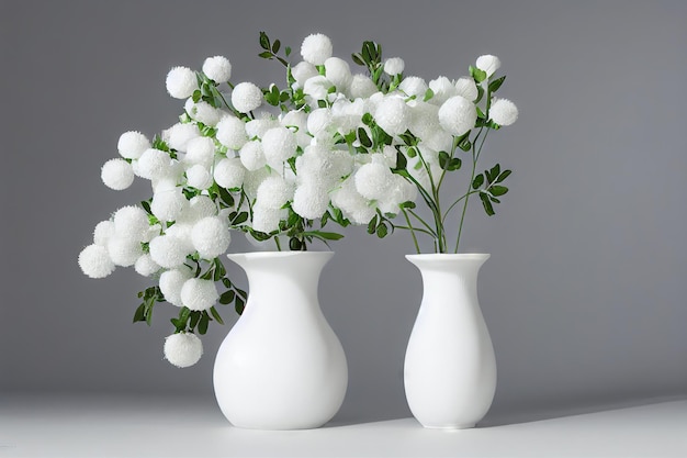 Dos ramos de flores de verano en jarrones blancos con flores blancas sobre fondo gris