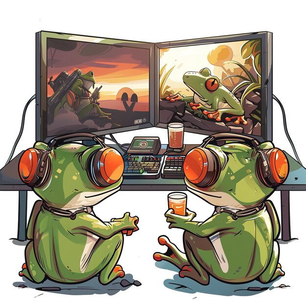 dos ranas con auriculares y una imagen de dibujos animados de una rana en la pantalla