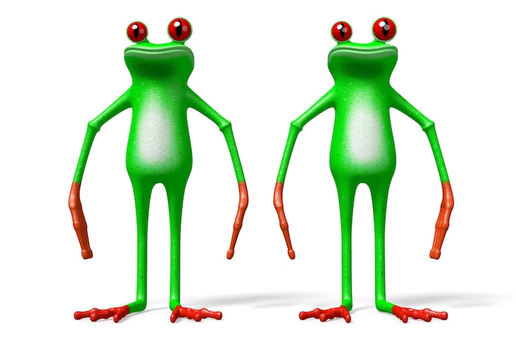 Foto dos ranas de dibujos animados sobre fondo blanco.