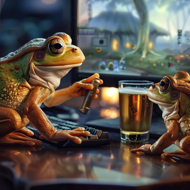 Foto dos ranas están bebiendo de un vaso de cerveza y una rana bebiendo del vaso de una cerveza