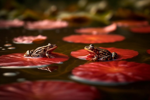 Foto dos ranas en un nenúfar en un estanque