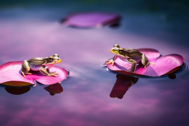 Dos ranas en un pad de lirio en el agua