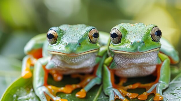 Dos ranas posadas en una hoja verde