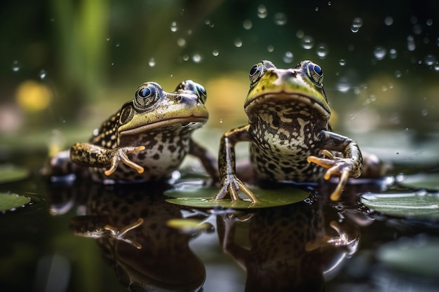 Dos ranas se sientan en una hoja frente a una gota de lluvia