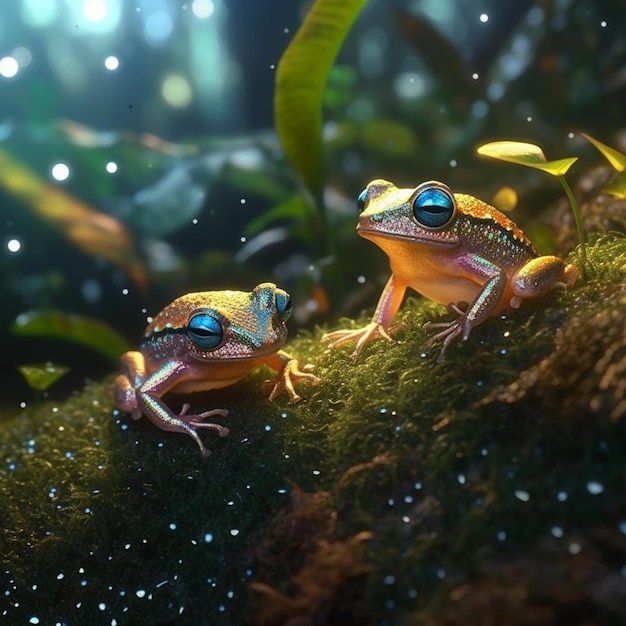Dos ranas sobre una superficie cubierta de musgo con una luz brillante en el fondo.