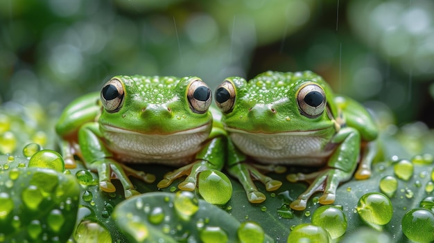 Dos ranas verdes en la hoja