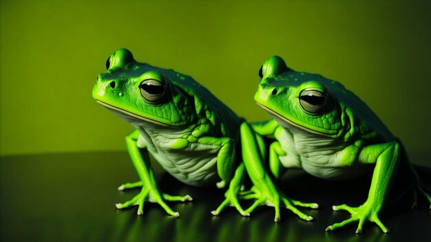 Foto dos ranas verdes sobre fondo verde