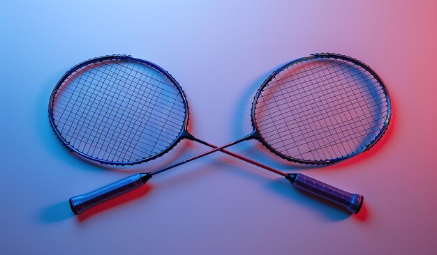 Dos raquetas de bádminton en fondo rosa y azul