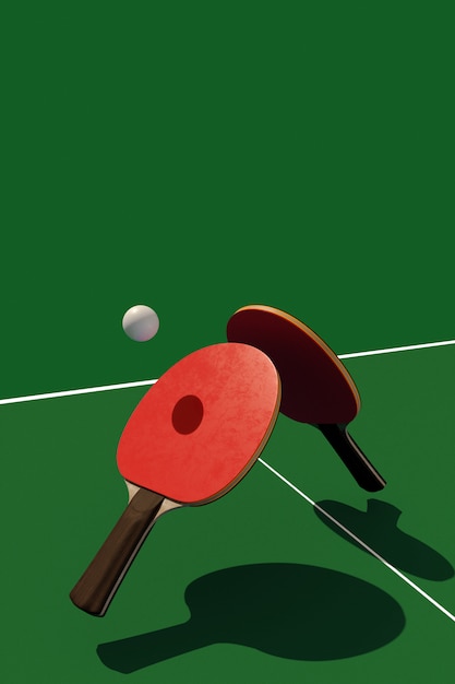 Foto dos raquetas de tenis de mesa o ping pong y pelota sobre una mesa con ilustración 3d neta